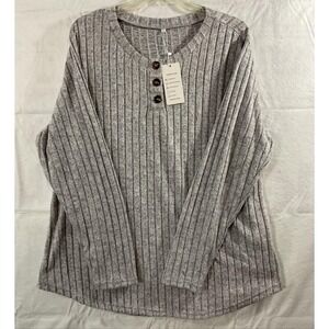 DOLNINE Shirt Womens 2XL Gray Ribbed Knit Henley Long Sleeve Tunic‎ Top Stretch